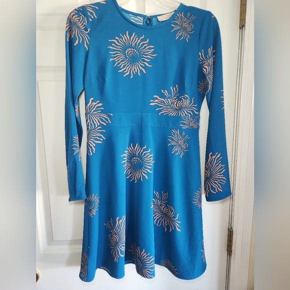 Loft Womens Iced Floral Flare Dress Peacock Blue Size 00P Long Sleeve EUC - Picture 1 of 7